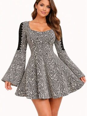 Black & White Chevron Fit-and-Flare Dress with Lace Sleeve Detail